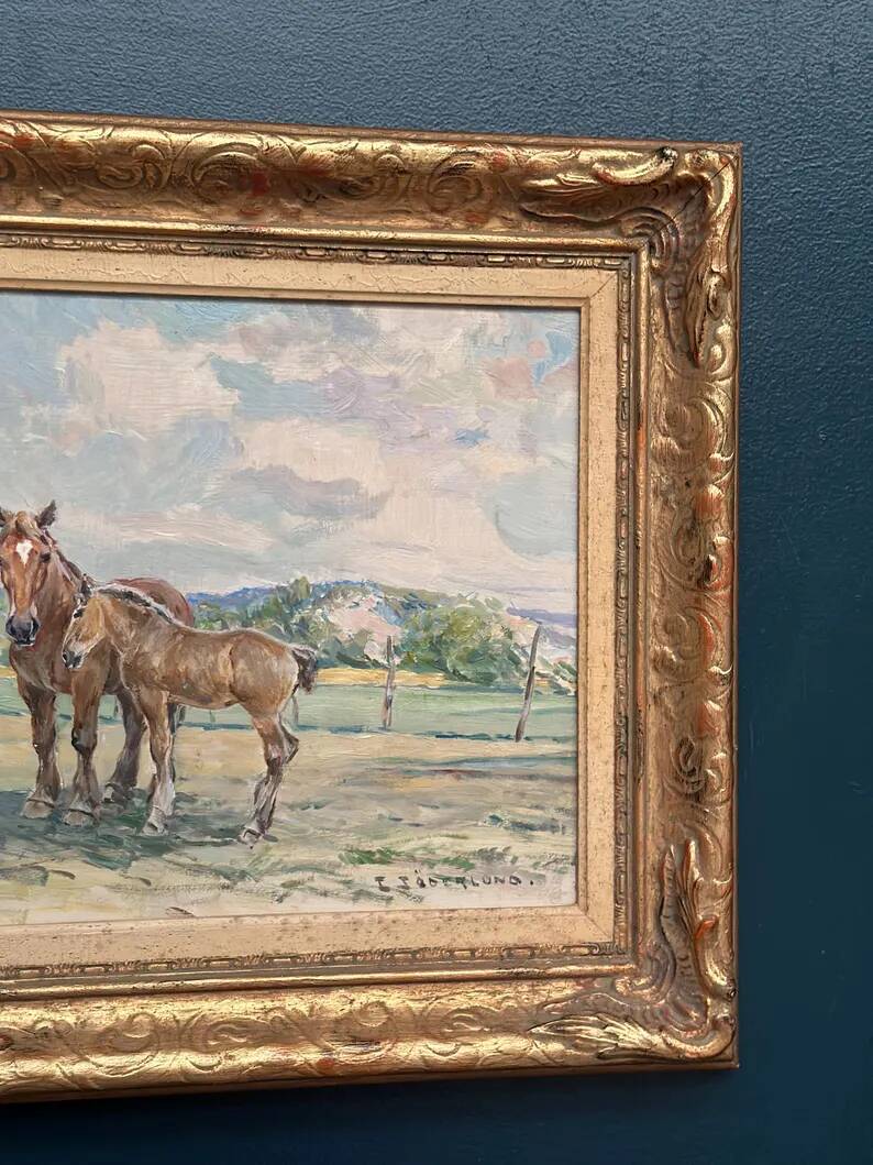 Original Vintage Swedish Oil on Panel – “Horses in a Pasture” by Einar Söderlund – Signed – Vintage & Framed