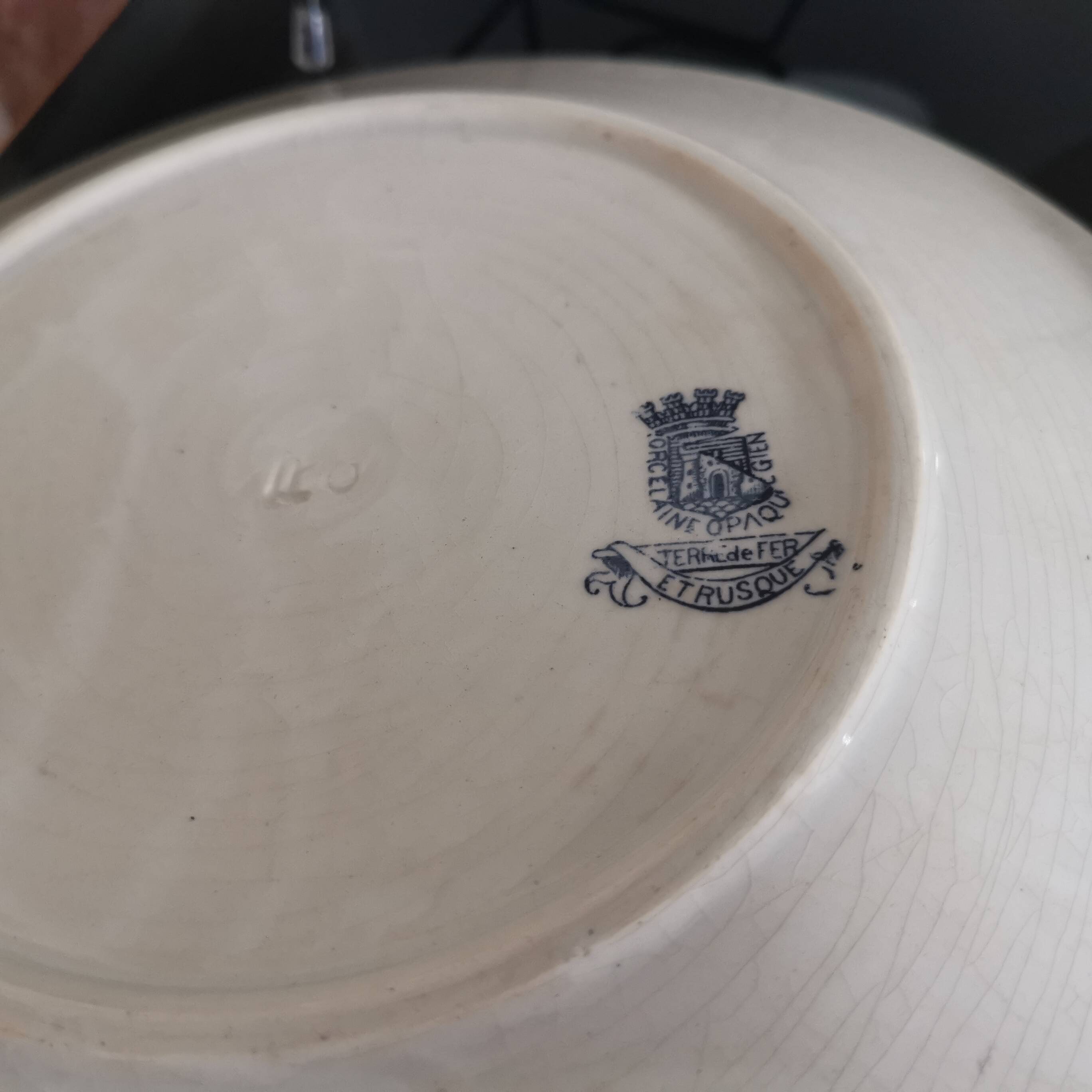 Old "Etruscan" flat plates in opaque porcelain from Gien Terre de Fer