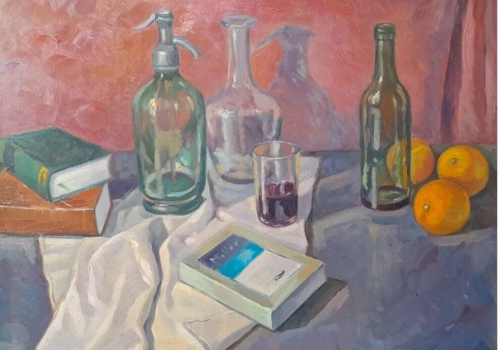 Vintage Mid-Century Still Life with Fruit and Wine Framed Oil Painting