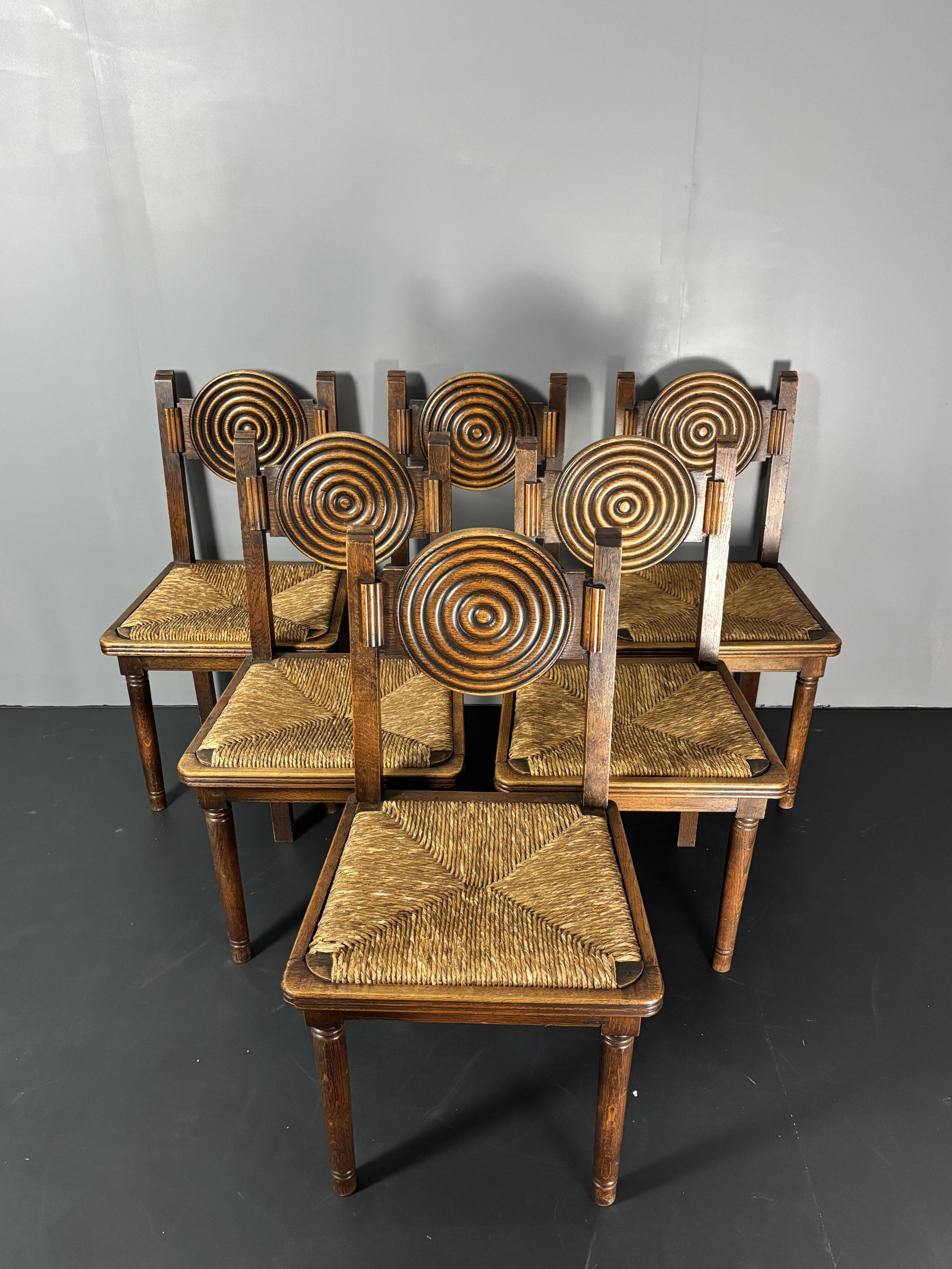 6 Farmhouse wood turned rush dining chairs