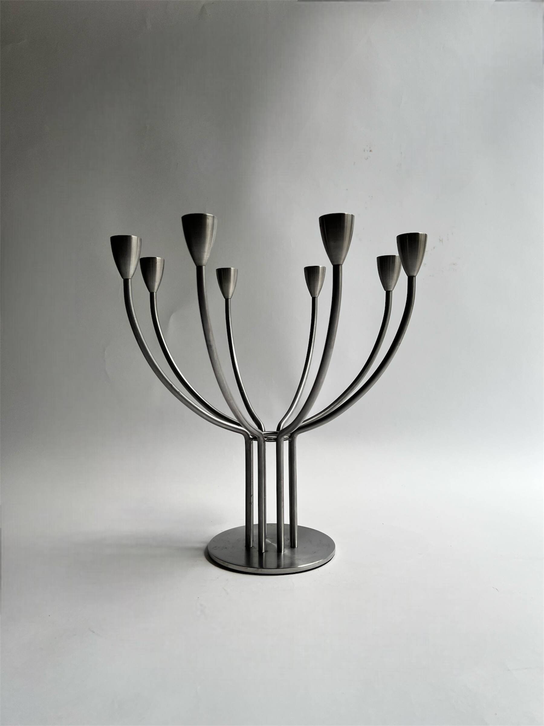 Large brushed metal candlestick with 8 candles, K. Hagberg design 1970