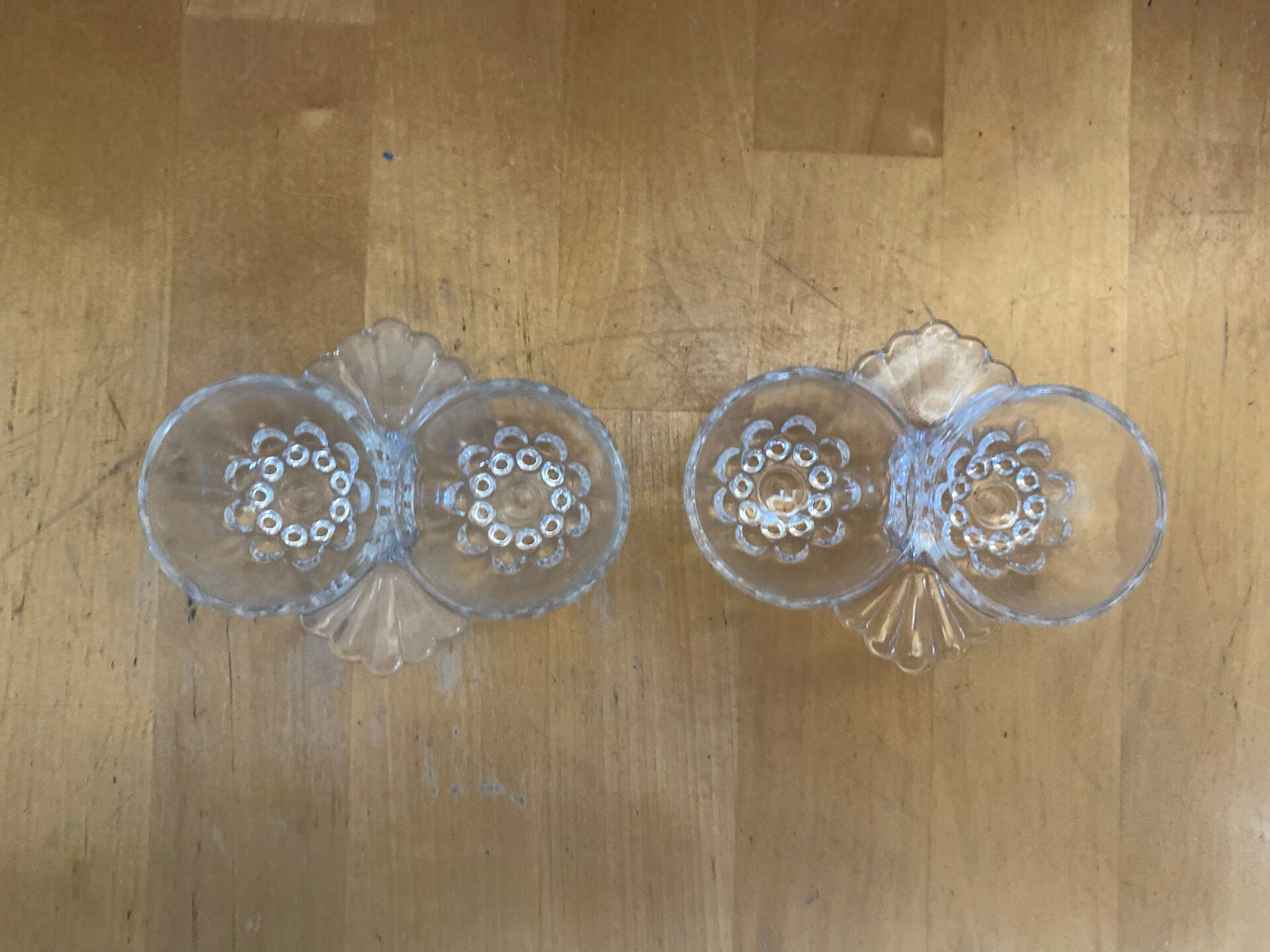 Pair of Vintage Moulded Glass Shell Salt and Pepper Shakers