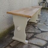 2 re-enchanted benches in beige with a waxed finish, medium oak waxed seat.