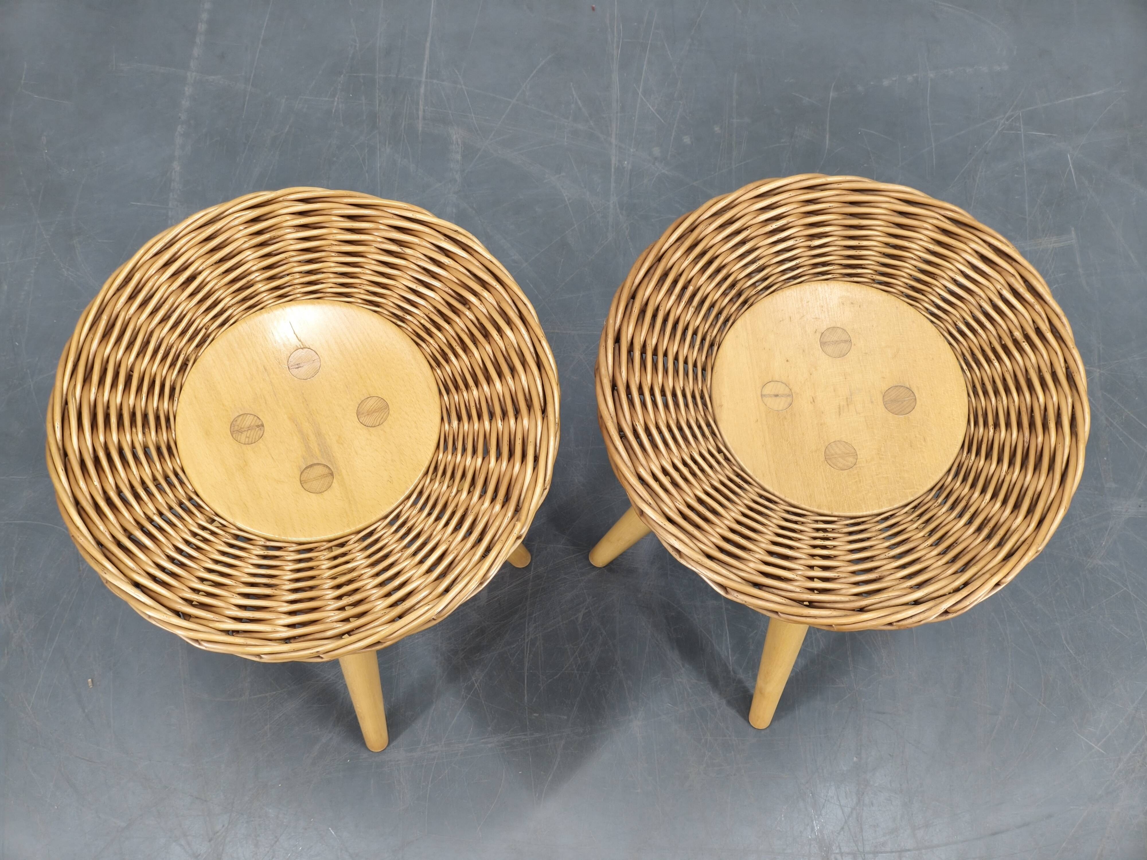 Pair of uluv rattan side tables by jan kalous, 1970s