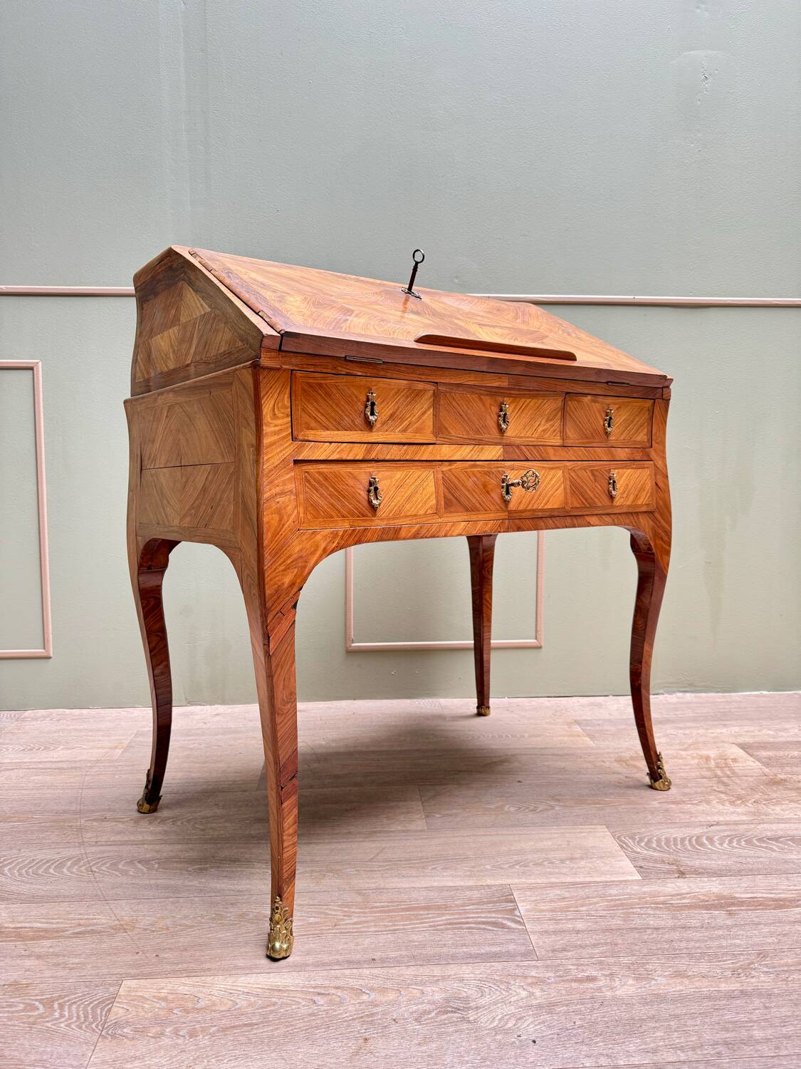Carel Jacques-philippe Curved Sloping Desk In Louis XV Period Marquetry Stamped