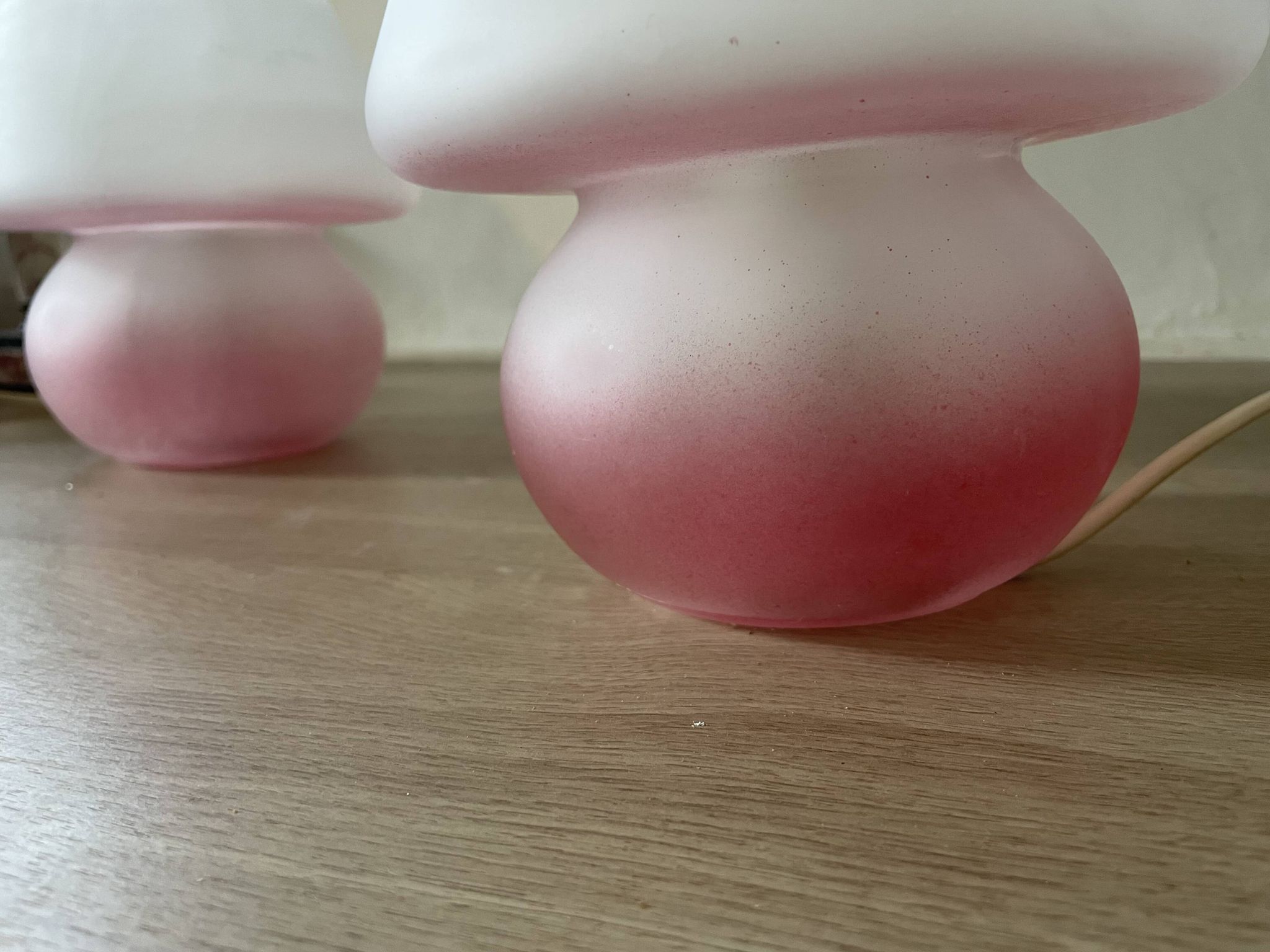 Pair of frosted pink glass mushroom lamps