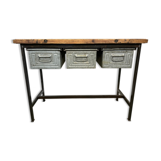 Industrial worktable with three iron drawers, 1960s