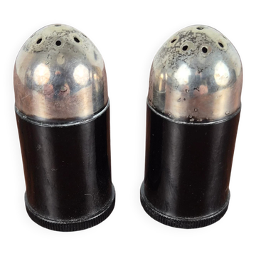 Salt and pepper shakers in Bakelite and silver-plated metal by Hans Jensen & Co for Nysølv, Denmark, 1950.