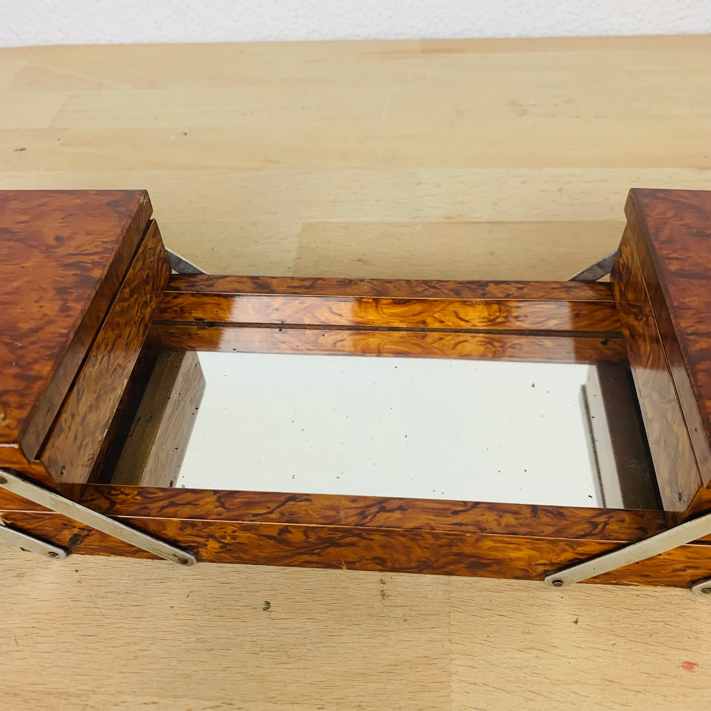 Walnut magnifying glass jewel box and mirrors