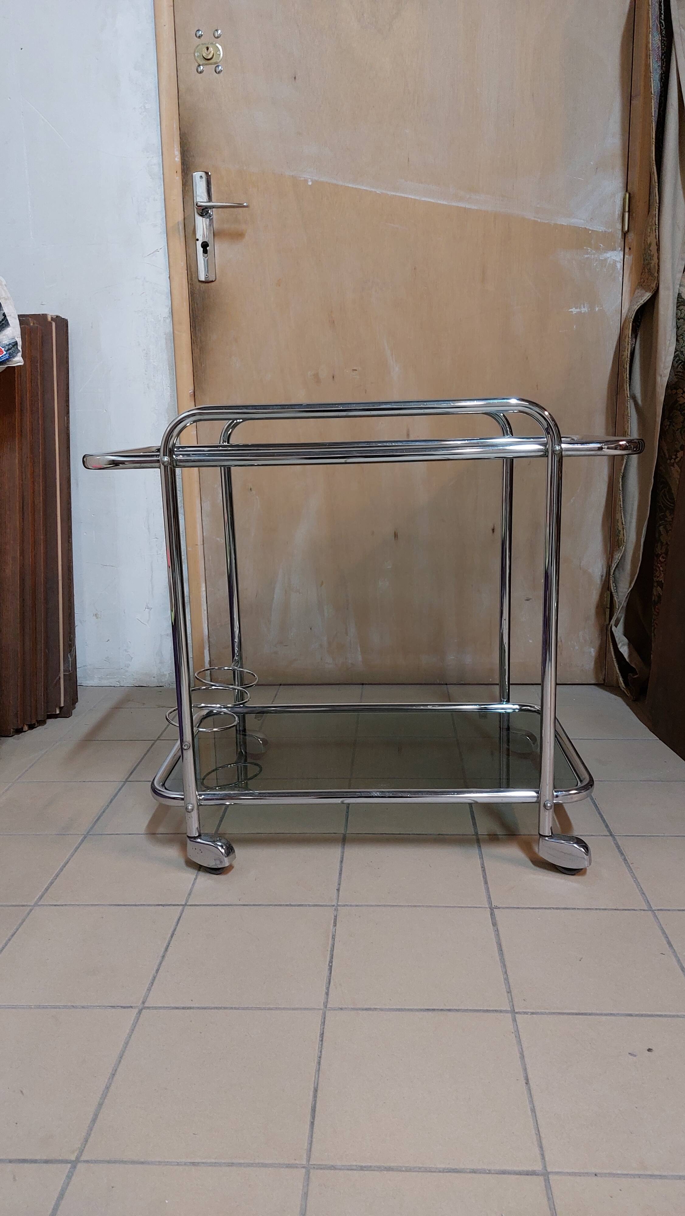 Dessert bar with chromed metal and smoked glass wheels, 70s