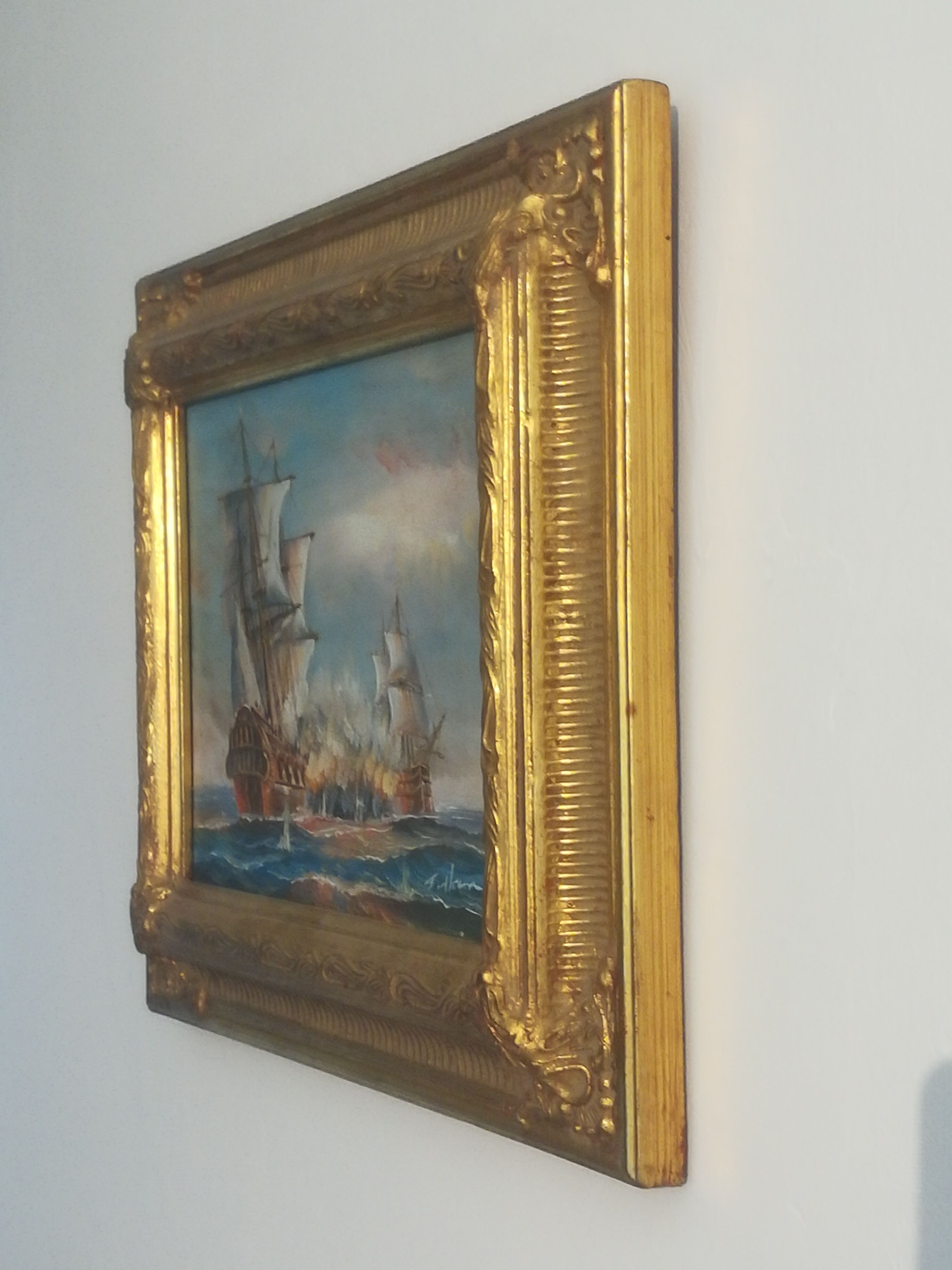 Oil on canvas signed Haney marine in gold frame