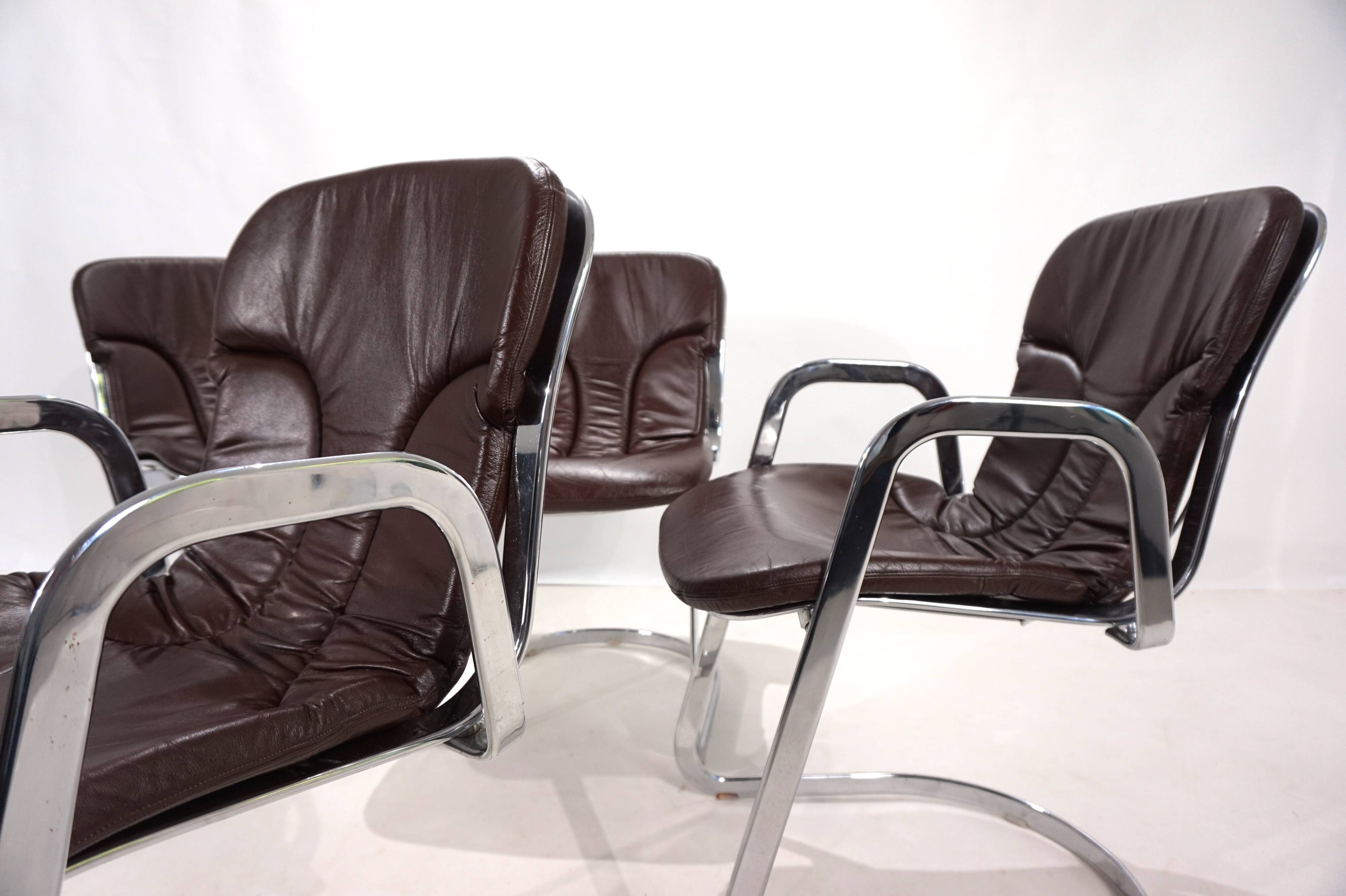 Set of four Cidue leather chrome cantilever chairs by Willy Rizzo, 1970