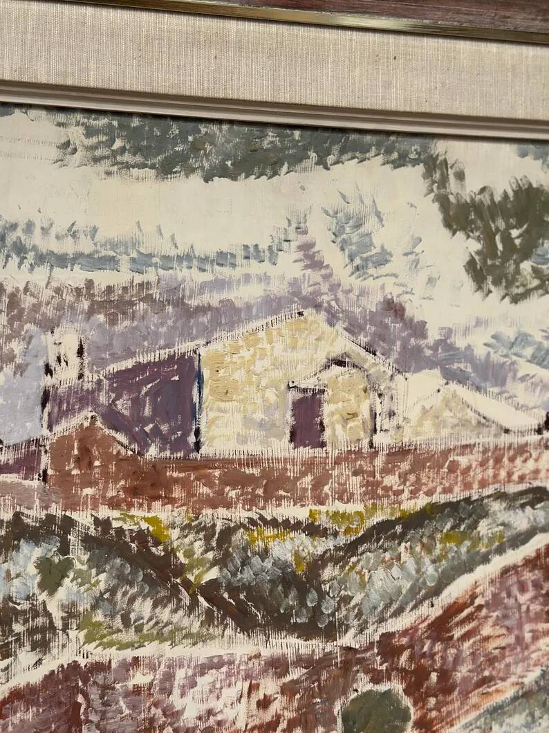 Original Swedish Oil on Canvas – "Landscape with Buildings" by Gösta Nordblad – Signed – Vintage and Framed