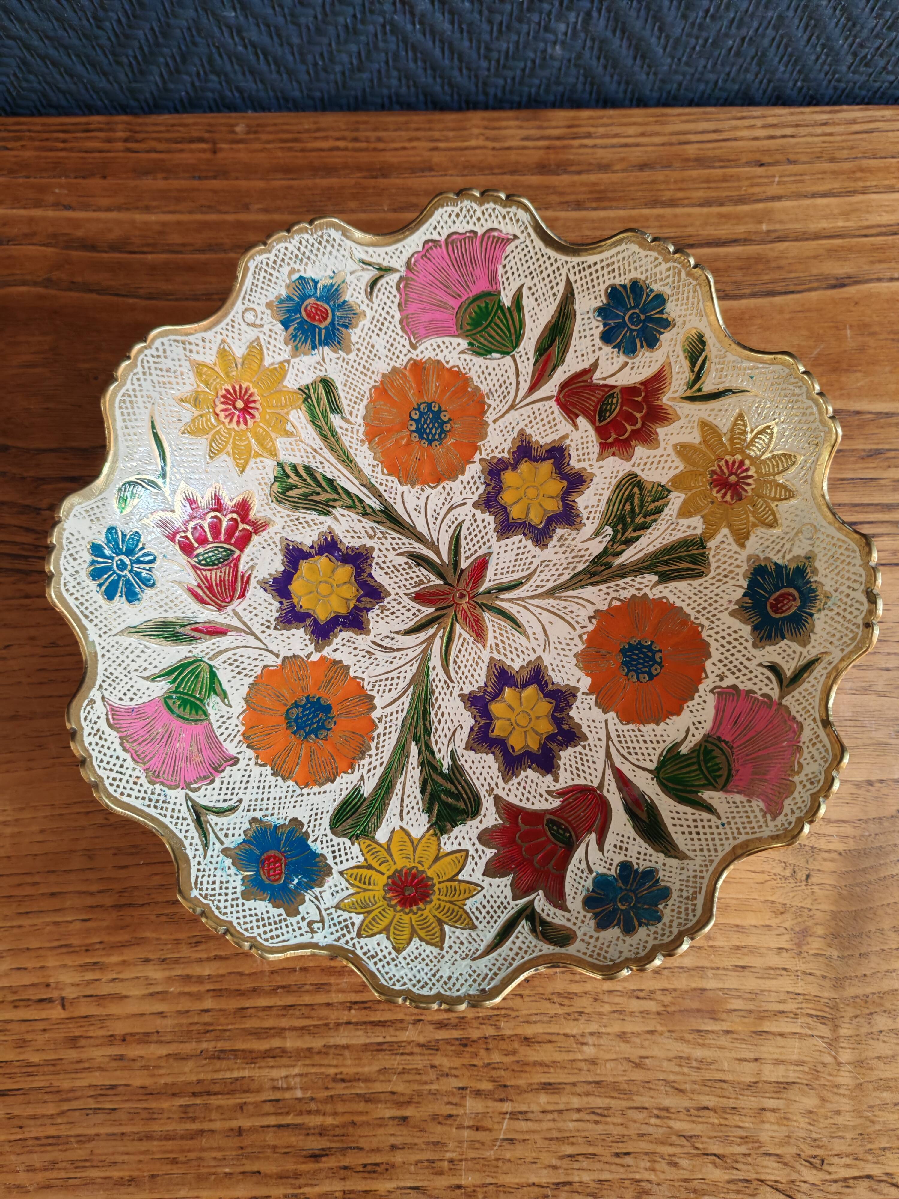 Vintage Enamelled Brass Fruit Bowl – Floral Centrepiece with Edge Fe