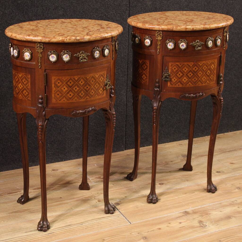 Pair of bedside tables in marquetry from the 20th century.