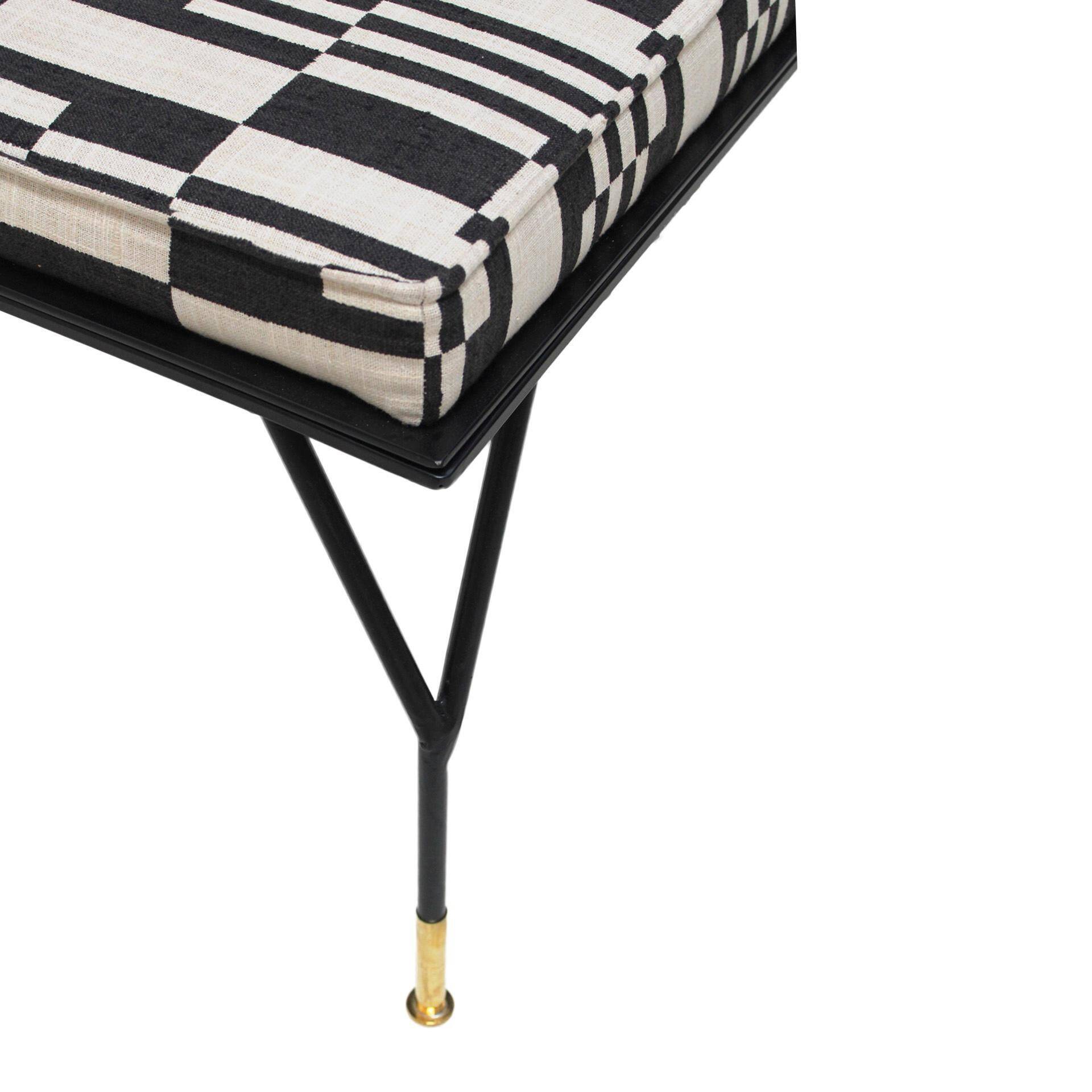 Modern Black Lacquered Iron and Patterned Fabric, 1970s Italian Stool