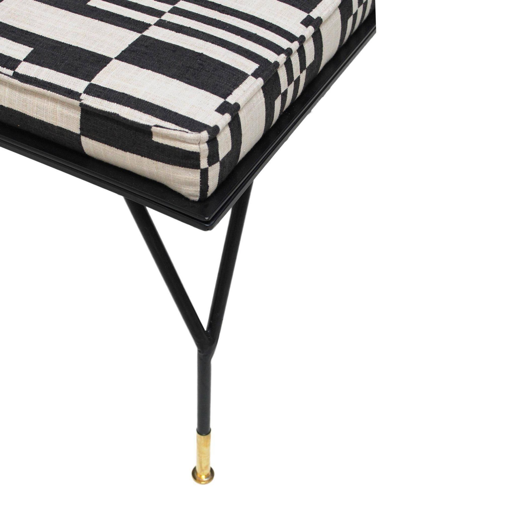 Modern Black Lacquered Iron and Patterned Fabric, 1970s Italian Stool