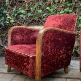 Pair of Art Deco club armchairs in burgundy red velvet, 1930s