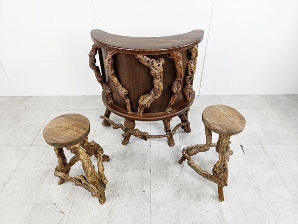 Bar à branches en bois de vigne vintage, années 1950