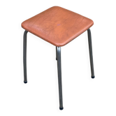 Tabouret vintage carré acier et cuir marron