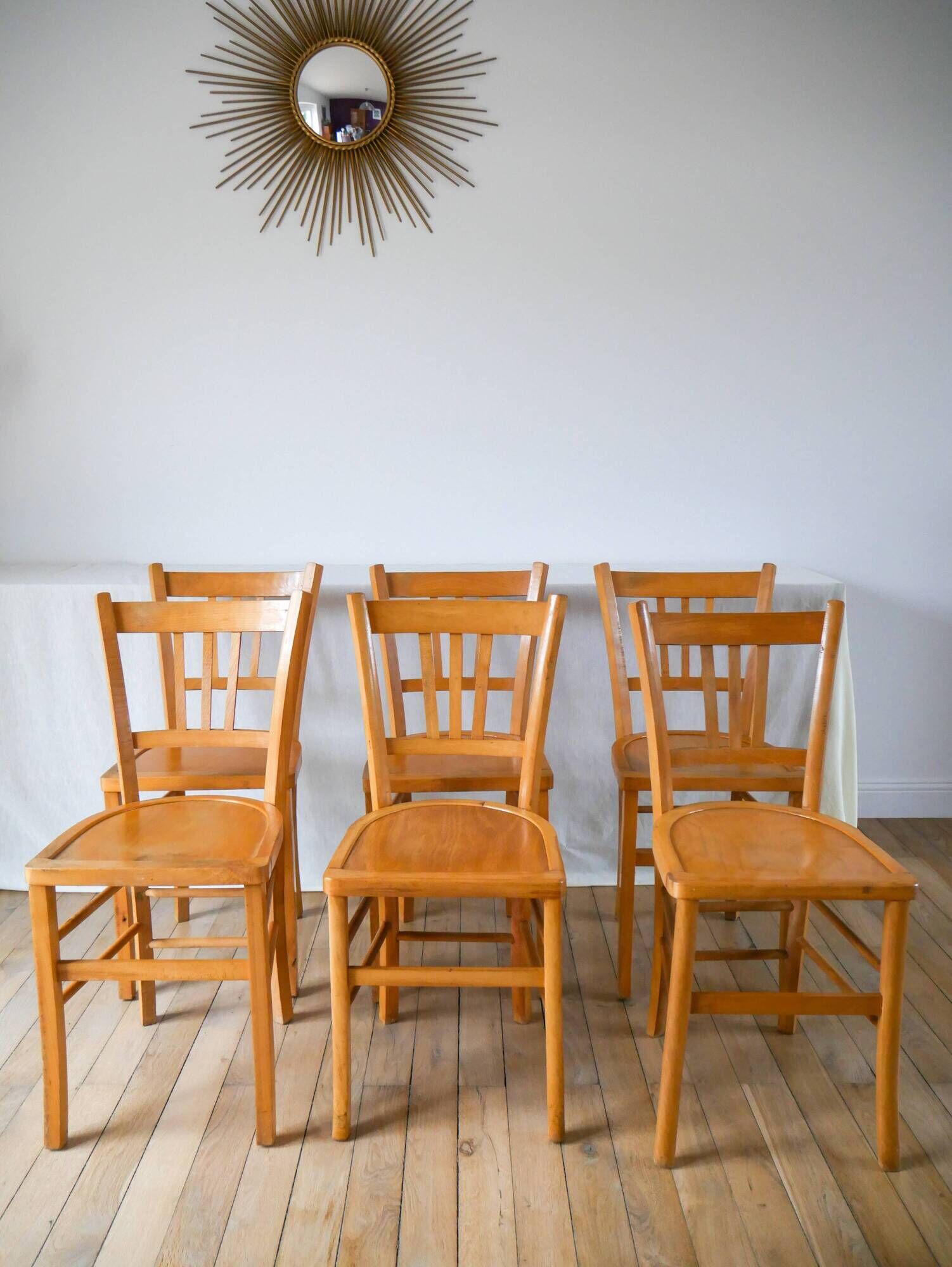 Set of 6 bistro chairs in blond wood luterma 1950