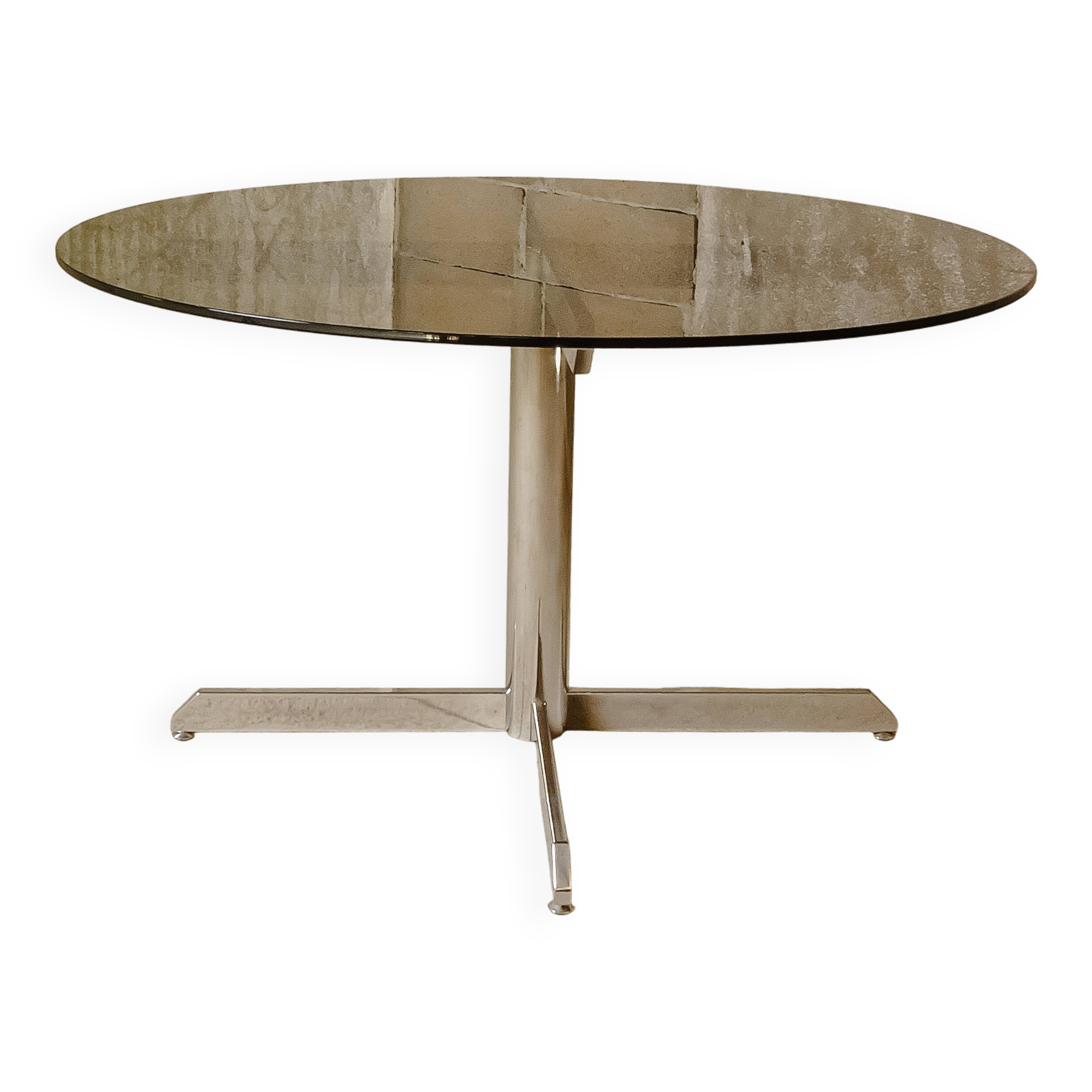 Roche Bobois - Round dining table in smoked glass and chromed steel - c 1975