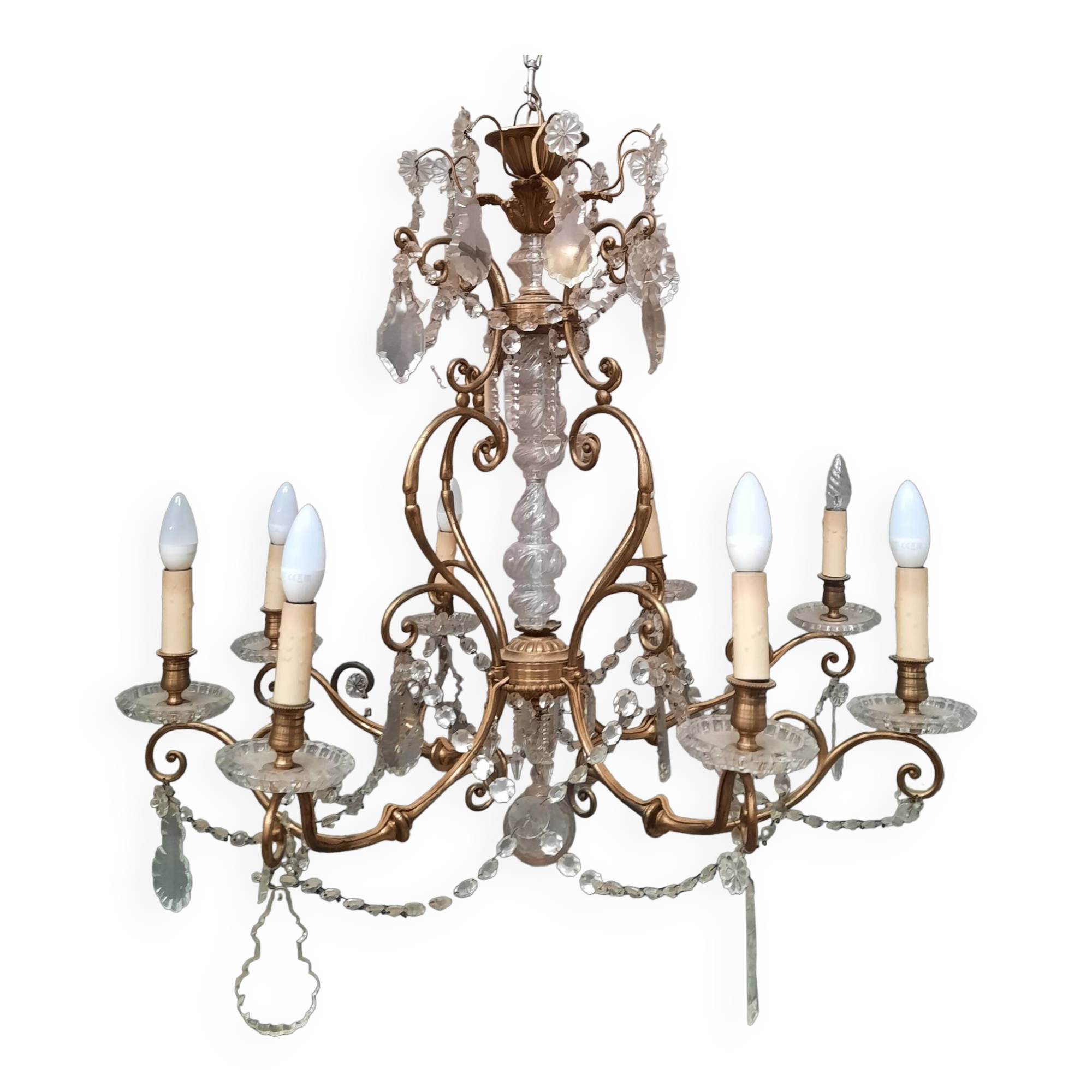 Large brass and glass chandelier