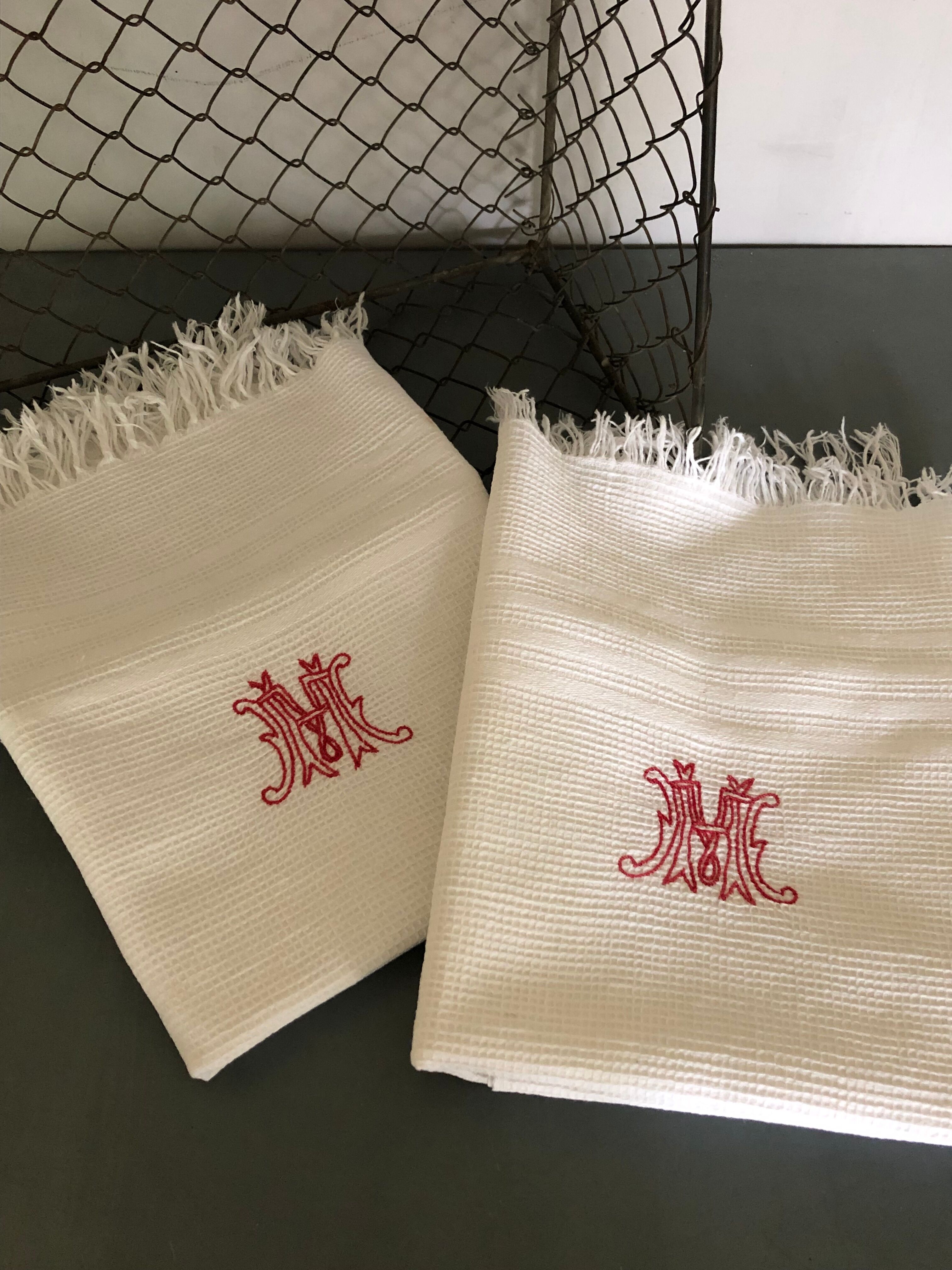 Paire de serviettes nid d'abeille, monogramme M