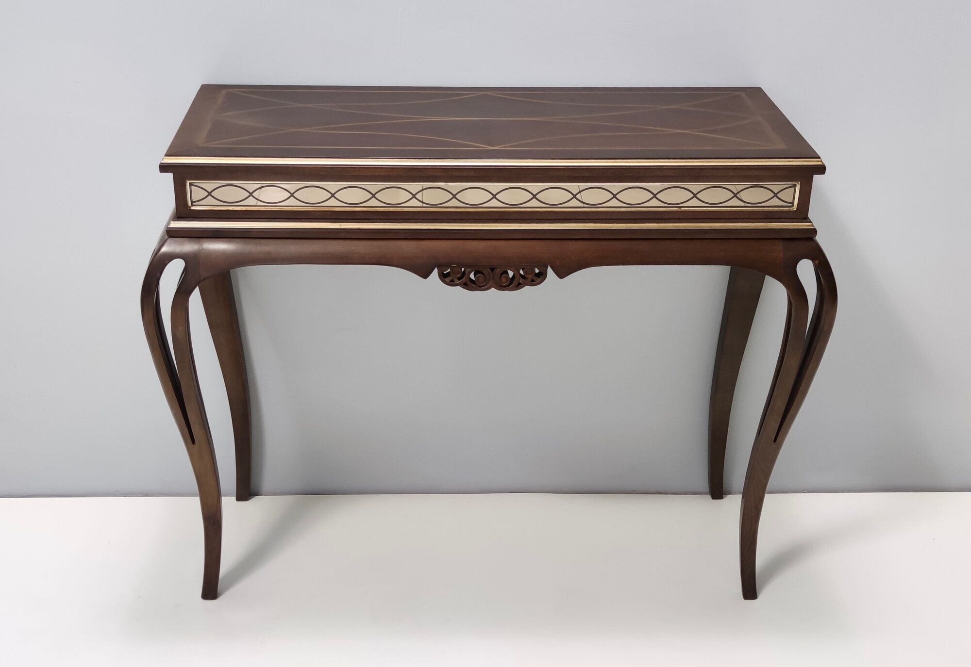 Vintage Rectangular Solid Walnut Console Table with Engraved Mirror Motif, Italy
