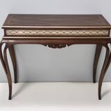 Vintage Rectangular Solid Walnut Console Table with Engraved Mirror Motif, Italy