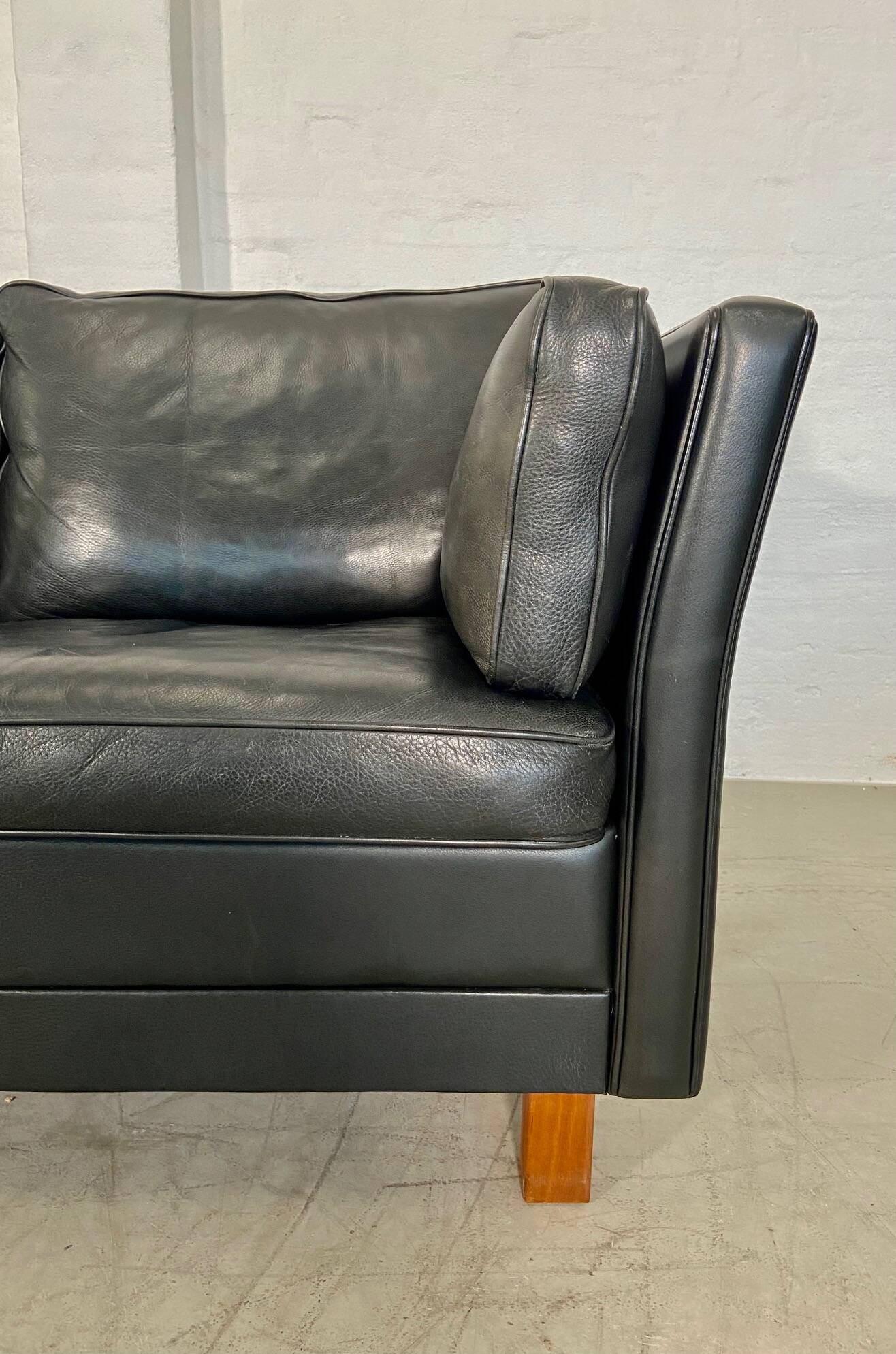 Vintage retro danish mogens hansen 2 person black leather sofa