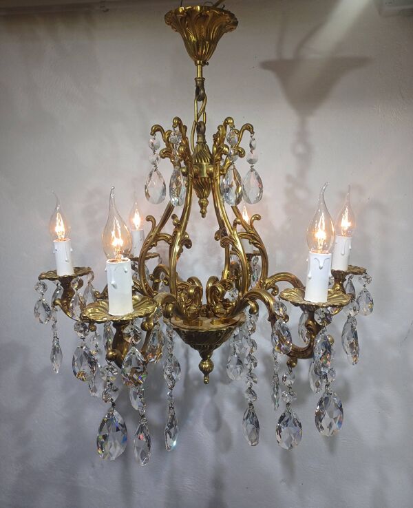 Lustre cage 6 lumières bronze et cristal