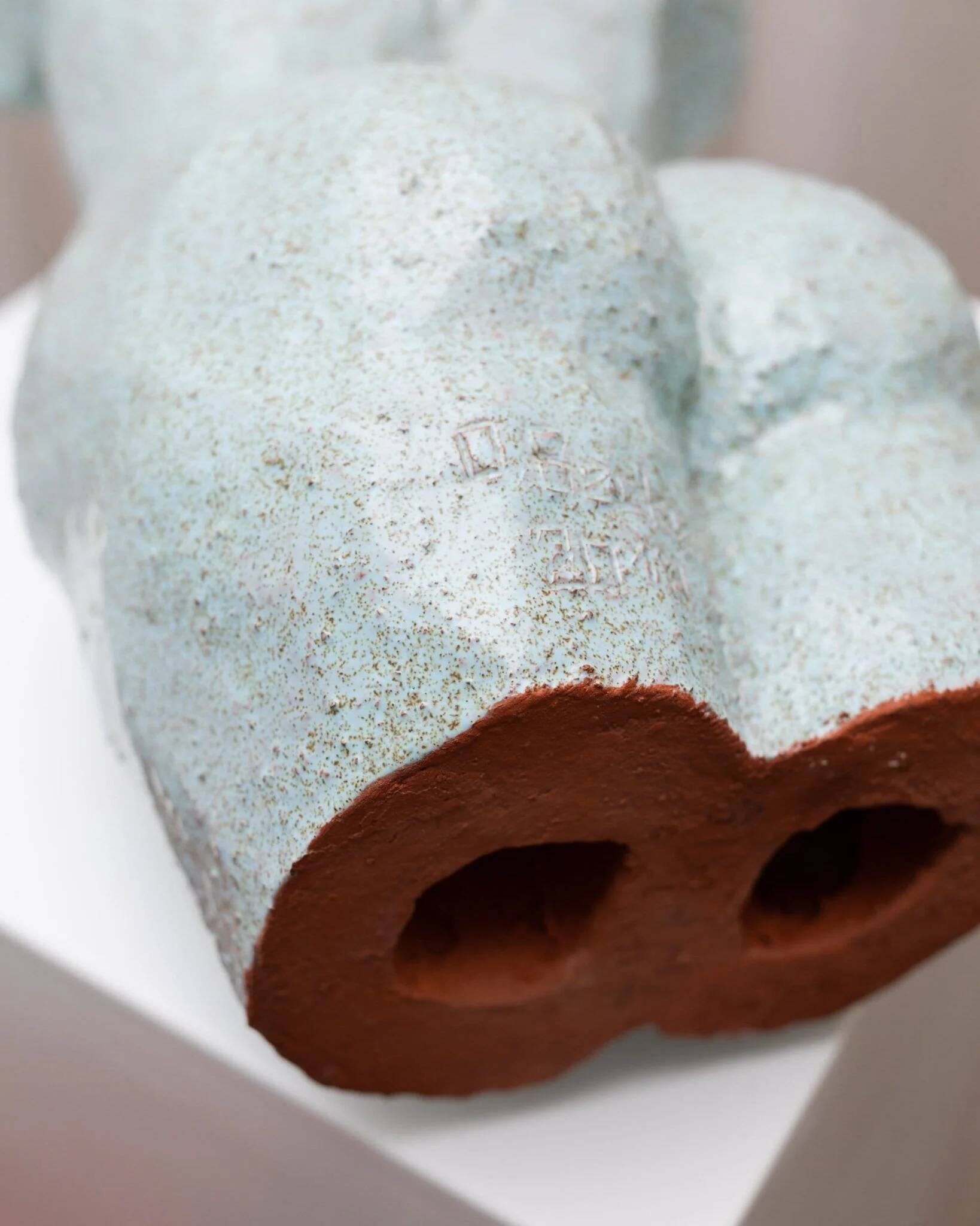 Light blue clay ceramic torso statue – mid-century design sculpture, heavy studio piece