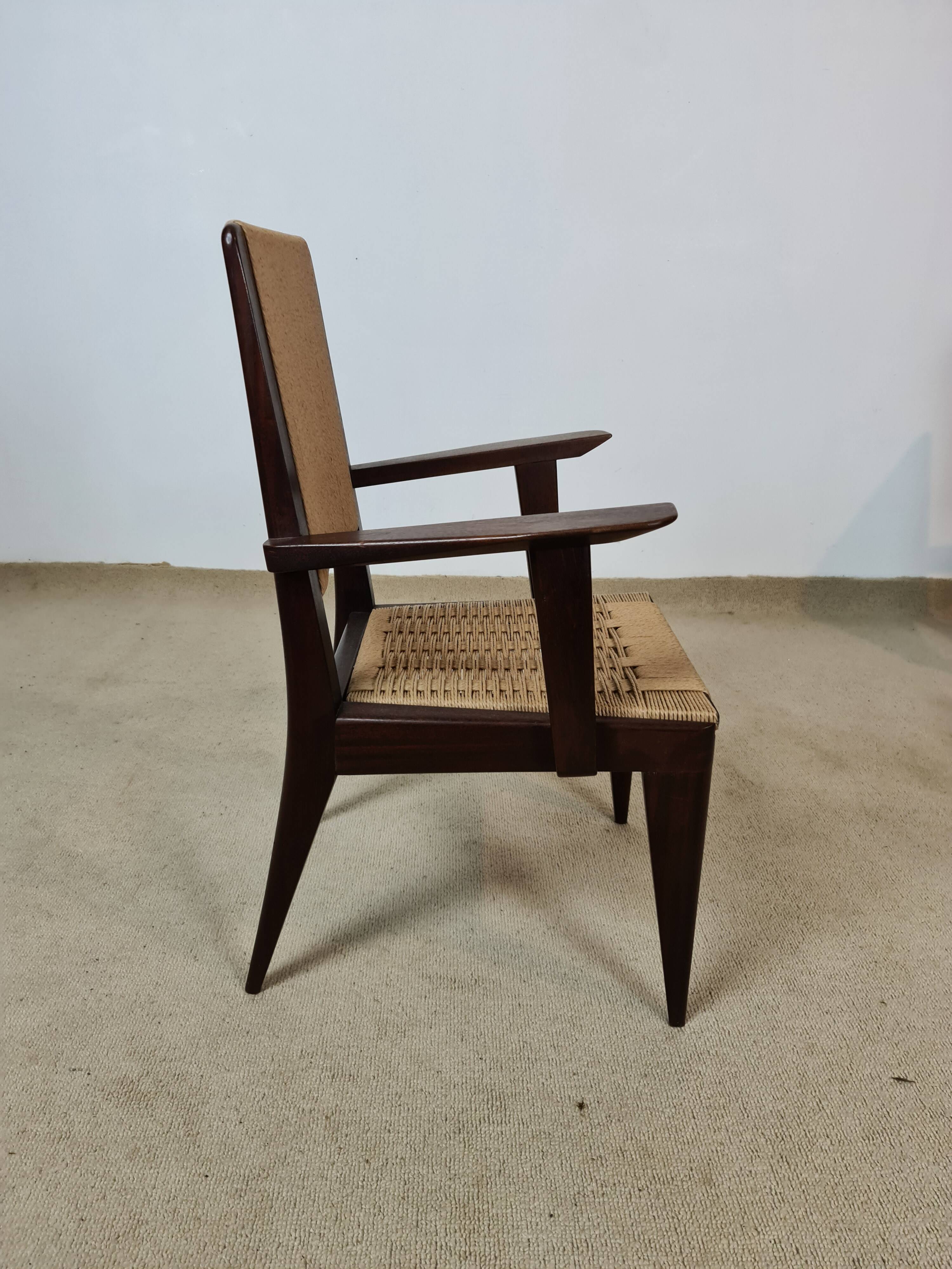 4 French mahogany and rope chairs 1950s