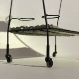 Vintage rolling table from 1960 - green rattan and black tubular metal