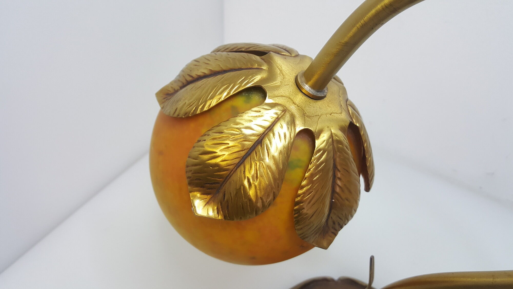 Bronze water lily foot lamp and Art Nouveau style glass paste