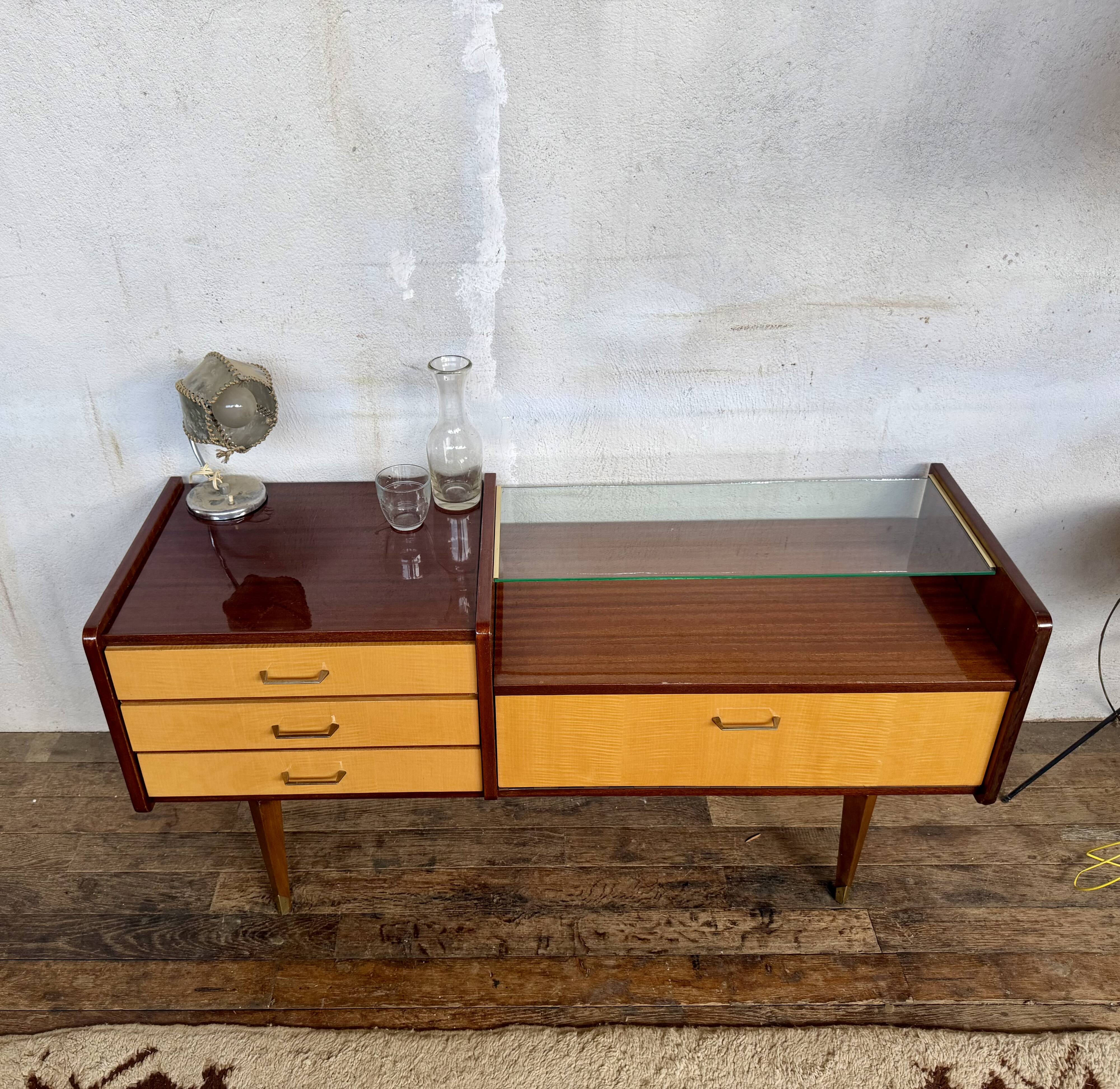 Enfilade vintage bicolore – Plateau en verre – Design rétro chic
