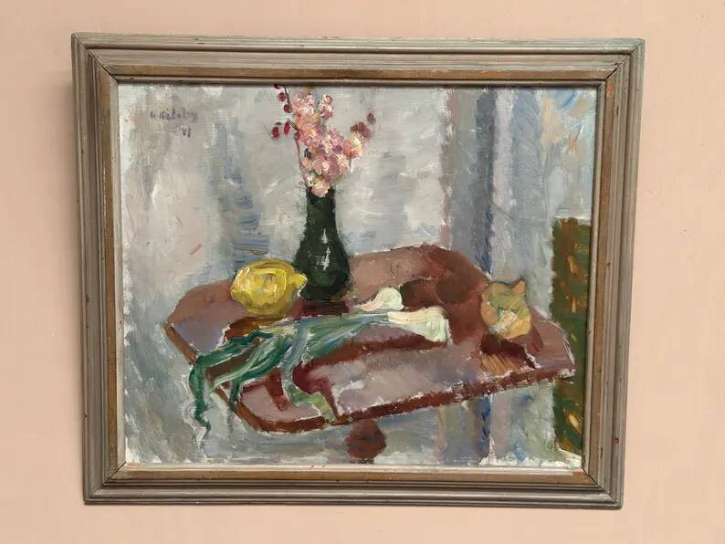 Original Swedish Oil on Panel – "Vase and Vegetables" by Arne Kilsby – Signed – Vintage and Framed – 54 × 46 cm (21.3" × 18.1")