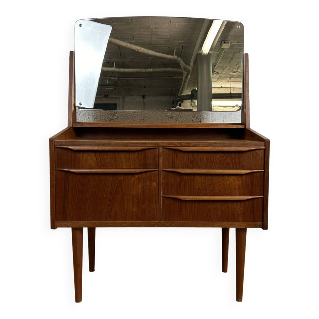 Coiffeuse scandinave 2 tiroirs horia bois et blanc avec miroir led