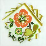 4 cotton napkins - orange and green floral pattern - vintage 70s