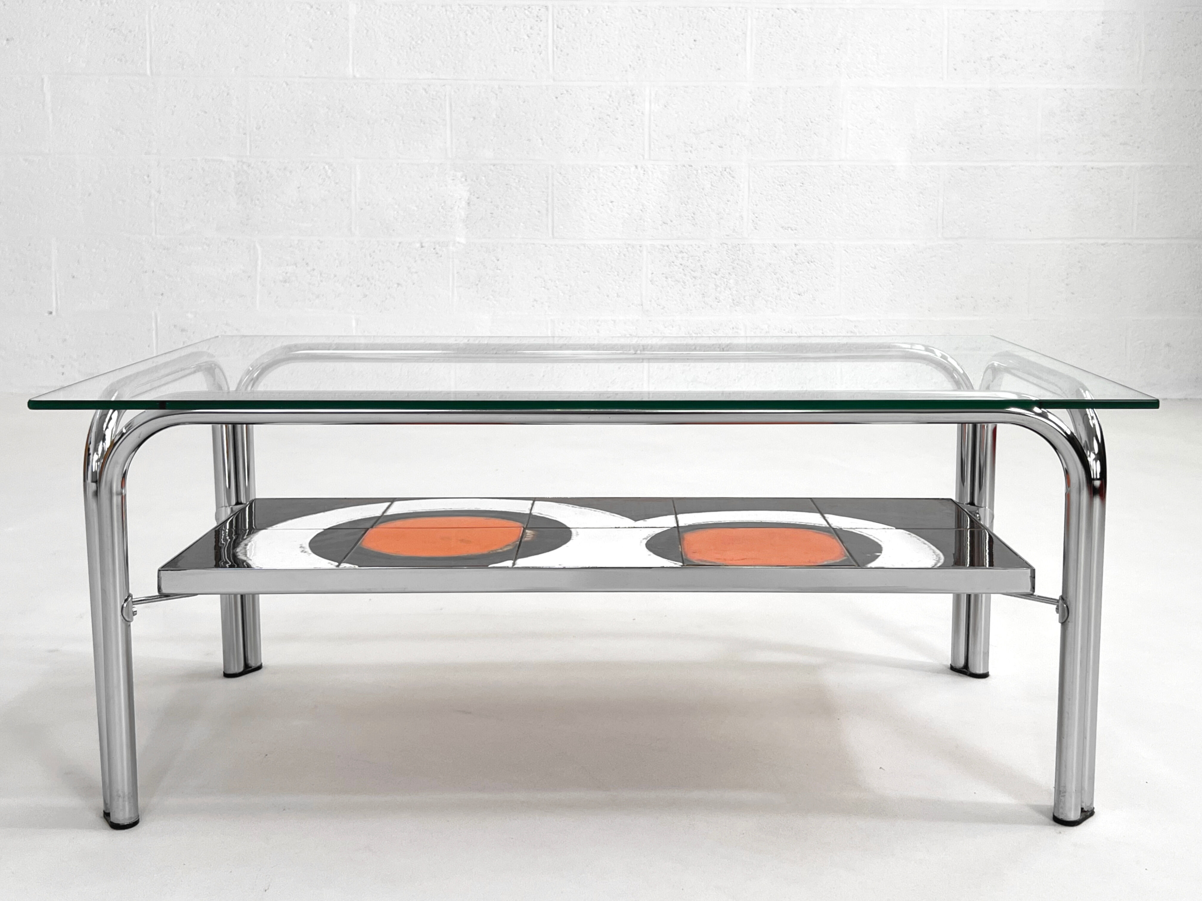 Coffee table of the 60s - 70s in ceramic, chrome and glass