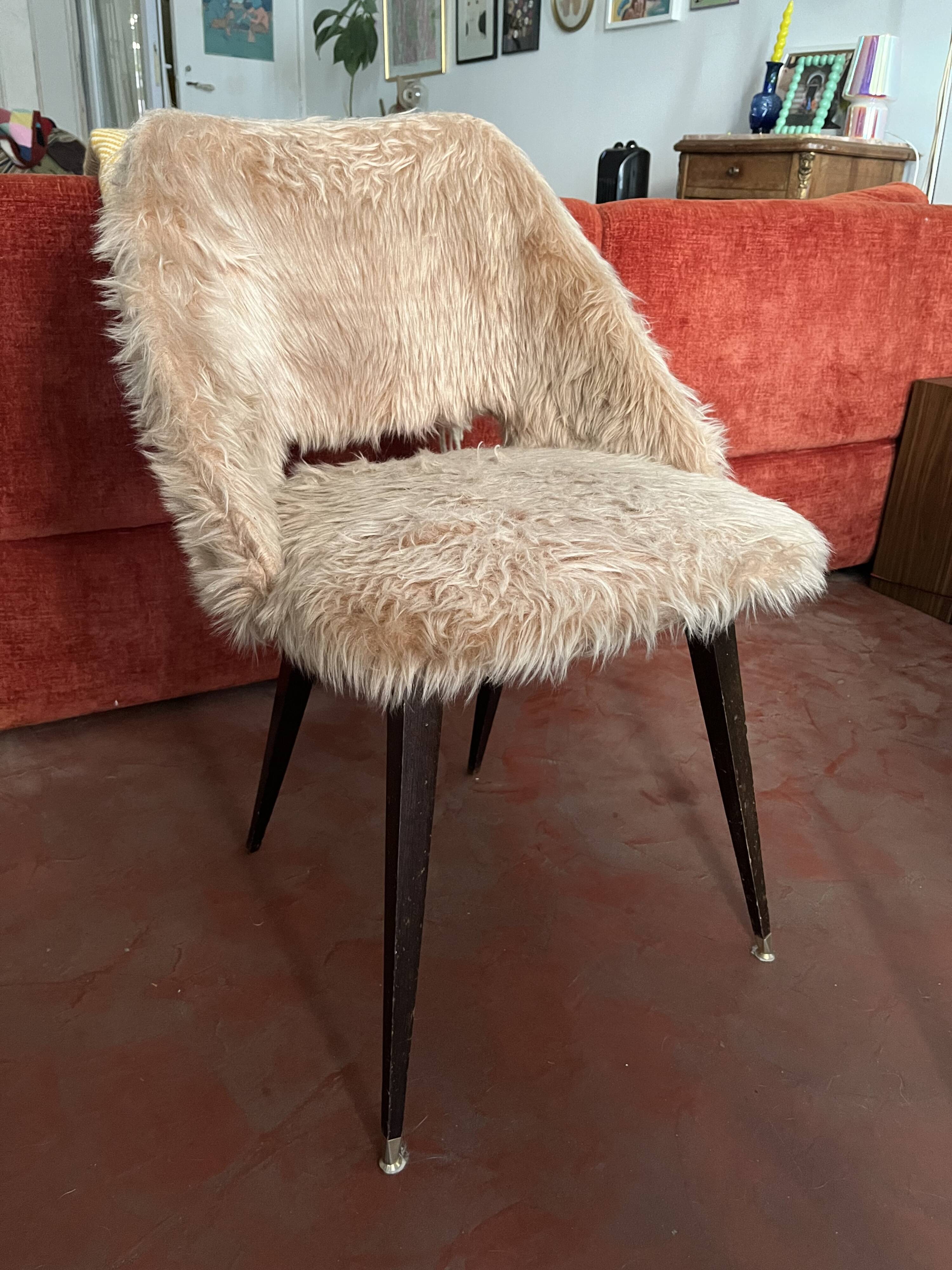 70s faux fur chair with tapered legs in powder pink