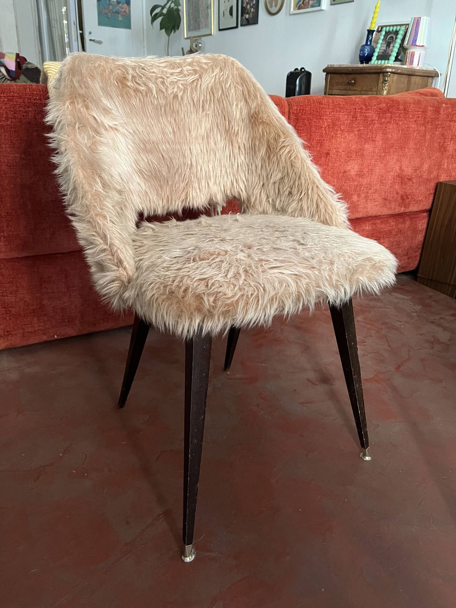 70s faux fur chair with tapered legs in powder pink