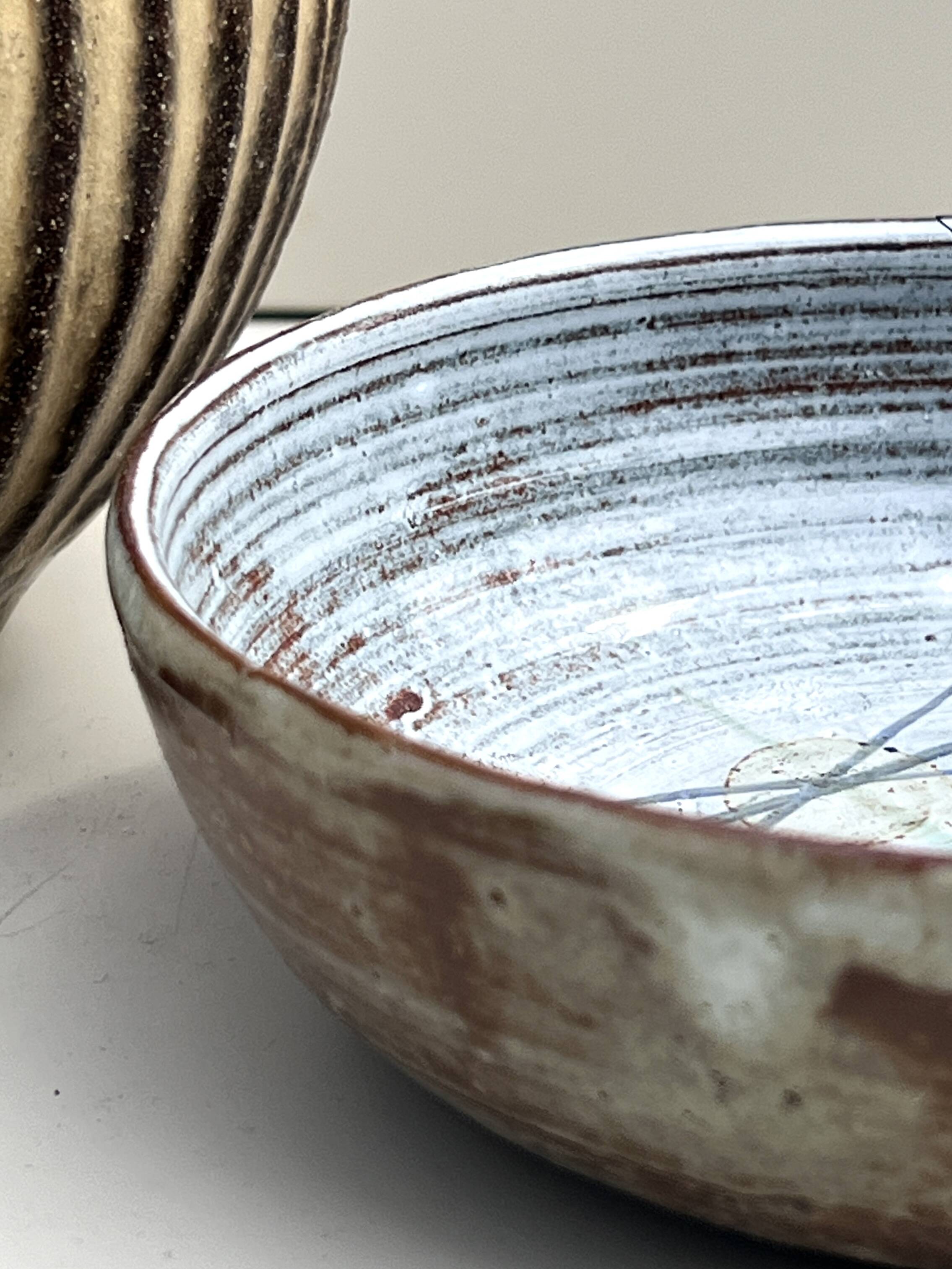 Abstract ceramic glazed pocket bowl, Cecile Dein 1970