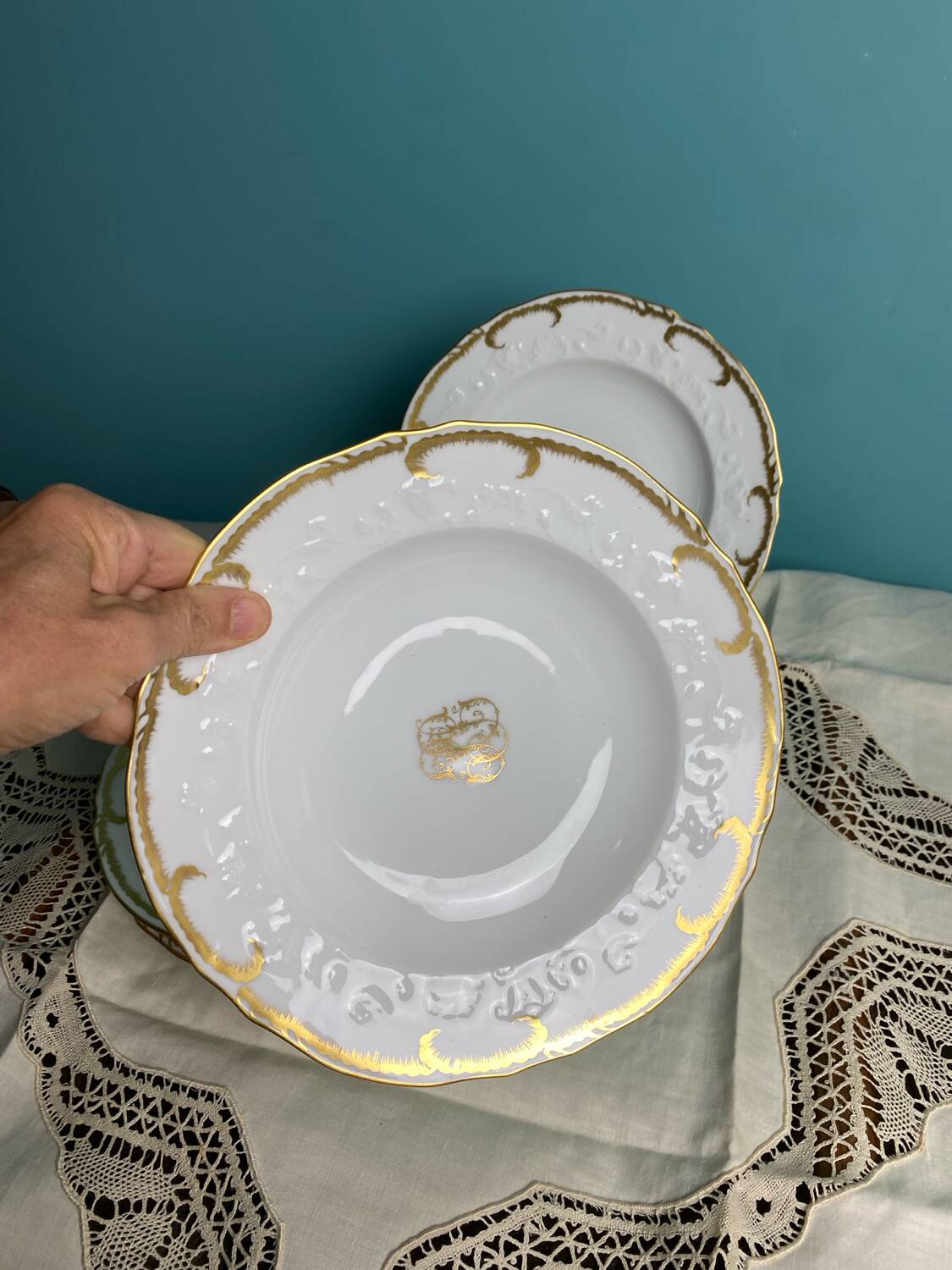 4 deep plates from Limoges with the PJC gold monogram.