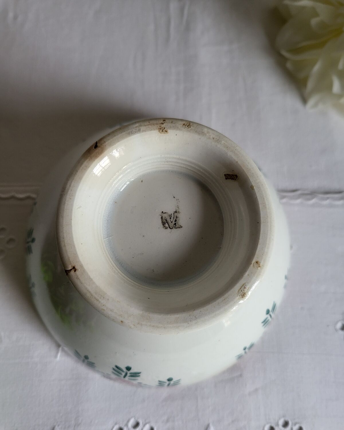 Old Bowl in Earthenware with Flower Decoration Marked underneath M