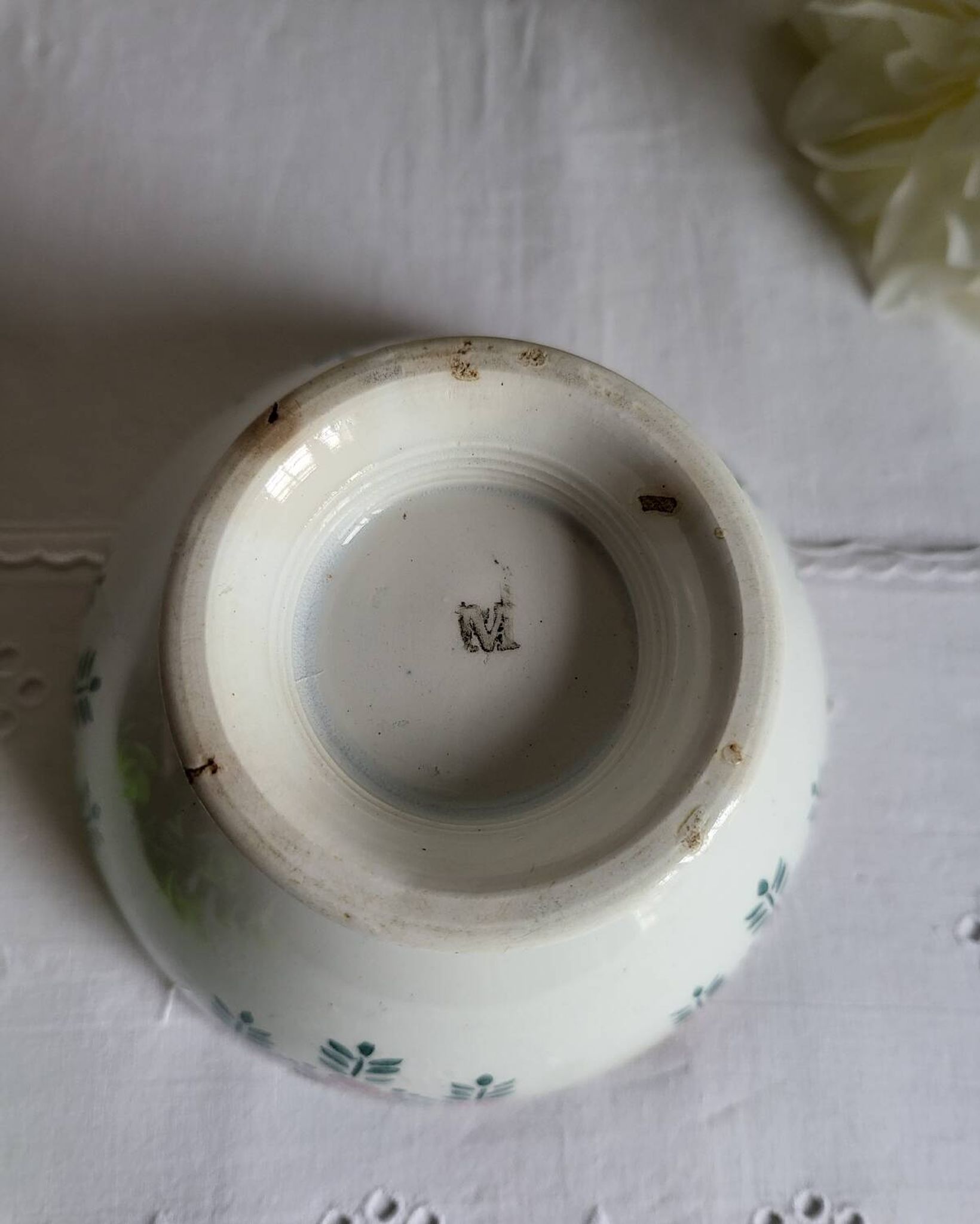 Old Bowl in Earthenware with Flower Decoration Marked underneath M