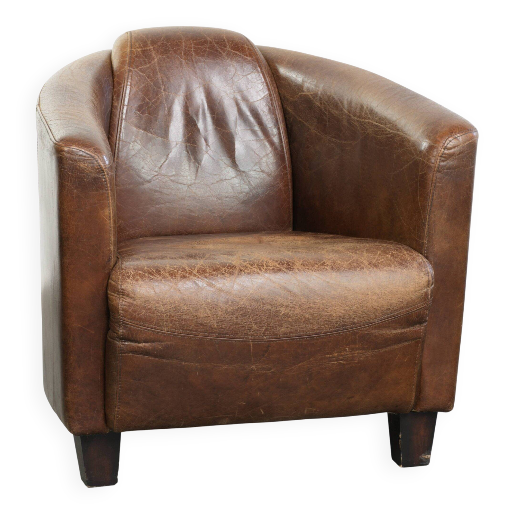 Fauteuil design aviateur en cuir de vache couleur cognac robuste