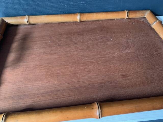Old serving tray in faux bamboo and brass, 19th century