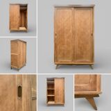 Vintage wardrobe with compass legs in raw wood, sliding doors, 1960s